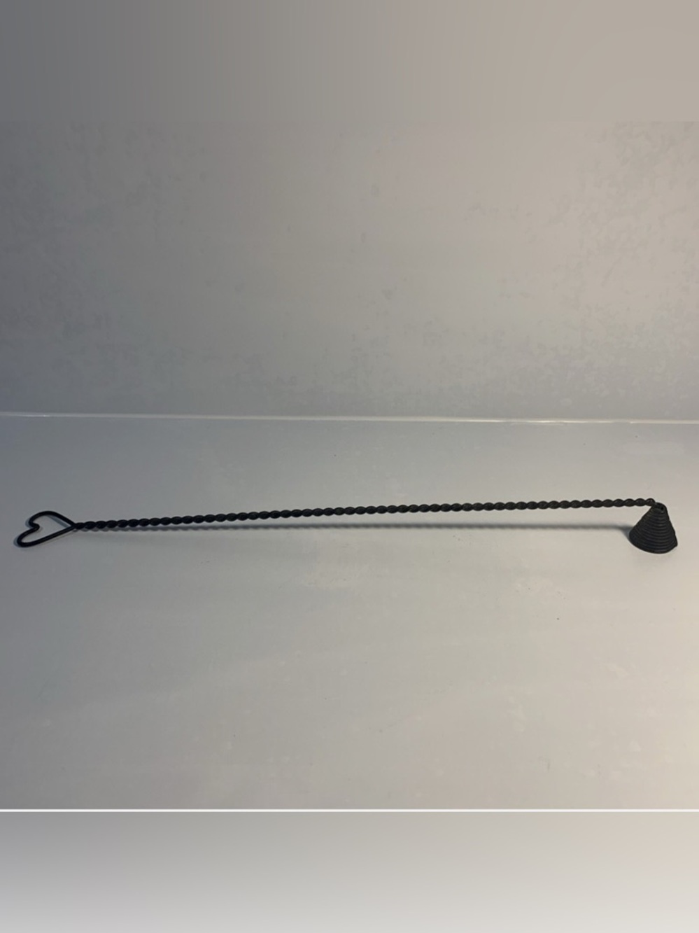 Vintage Candle Snuffer black iron twisted wire with heart shaped end 16.5"